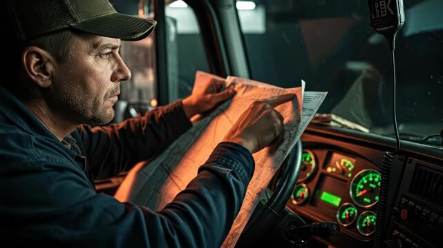Man driver in a cap examining a paper map in a vehicle cabin at night, navigation for route planning