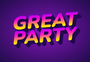 Vibrant text design featuring the words Great Party in a gradient of purple and yellow, set against dotted purple background