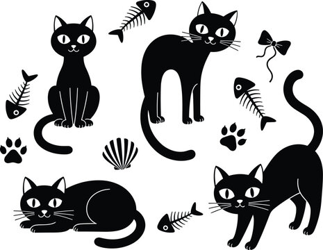 Set of cute black cat vector illustrations in various poses with fish bone symbols isolated on white background for design