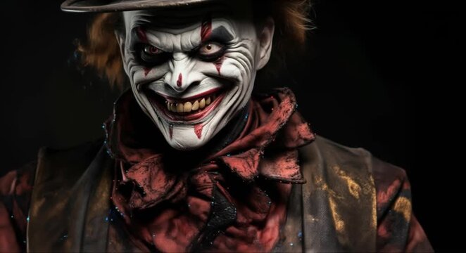 Frightening clown with sinister grin and wide eyes against a dark background