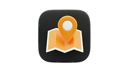 3D Map Icon with Location Pin on Black Background