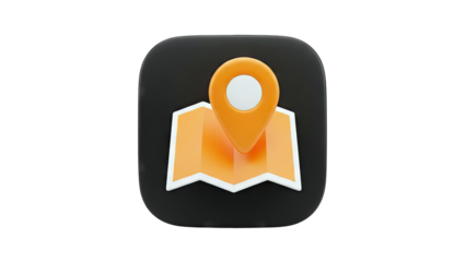 3D Map Icon with Location Pin on Black Background