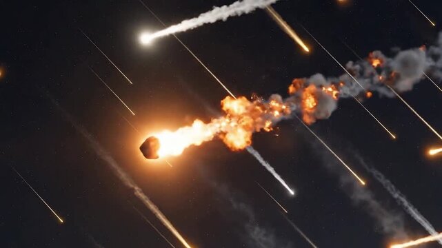 Fiery Meteor Shower with Explosions and Streaks Against Dark Starry Background