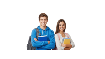 Two smiling students with backpacks and books
