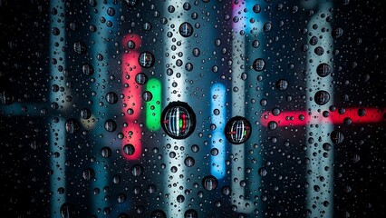Rainy Window with Colorful Neon Lights.