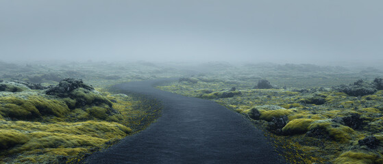 Foggy path through lush green landscape iceland nature photography serene environment ground level view exploration concept