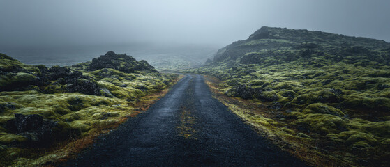 Mysterious foggy road adventure iceland landscape photography nature wide angle exploration