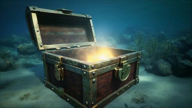 Opened sunken treasure chest revealing ancient gold on the ocean floor in cinematic underwater animation