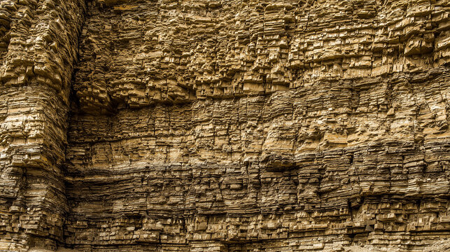Geological rock layers exposed in a quarry wall, textured stone patterns in earth tones. event key visuals, club posters, designed for fitness apps and gym onboarding.