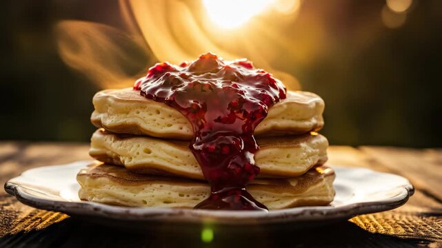 A stack of fluffy pancakes sits on a plate, topped with red berry syrup as the sun sets in the background. The pancakes and syrup create a tempting scene that captures attention.