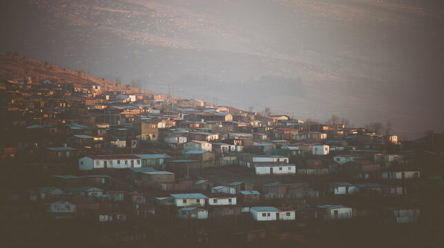 Hillside shantytown with corrugated metal roofs in warm twilight. real-estate listings, architecture portfolios, designed for interior renovation comparisons for interiors.