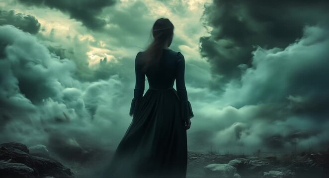Woman in flowing dress stands on rocky outcrop amidst dramatic, stormy clouds.