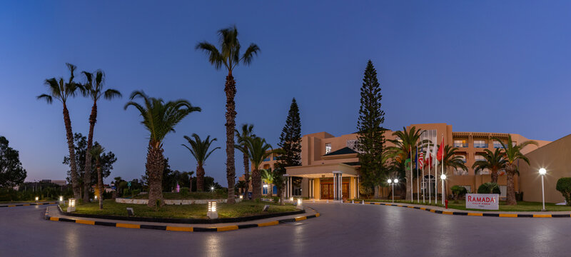Tunis, Tunisia - November 8, 2024: A picture of the entrance area at the Ramada Plaza by Wyndham Tunis, at sunset.
