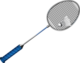 Dynamic badminton racket firmly holding a classic white feathered shuttlecock, symbolizing competitive sport, active play, and athletic equipment on transparent background.