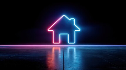 3D style neon home symbol rendered on a sleek dark floor with electric pink and blue glow