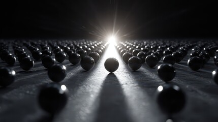 Abstract 3D illustration of magnetic attraction: black spheres converge toward a glowing center with long shadows
