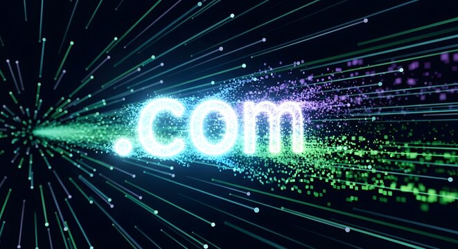 Digital dot com domain name with glowing lines. Internet business and web hosting. Text flying through a high speed data network on dark background