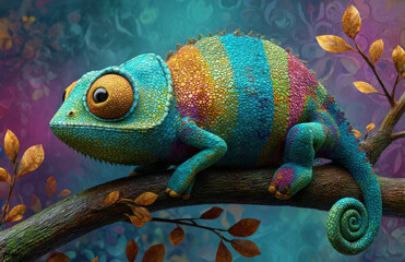 Colorful cartoon chameleon resting on tree branch, showcasing vibrant hues and intricate textures. whimsical design evokes sense of joy and playfulness in magical environment