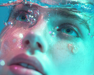 Stunning underwater portrait of woman with sparkling water droplets, showcasing her expressive eyes and serene expression, illuminated by vibrant colors