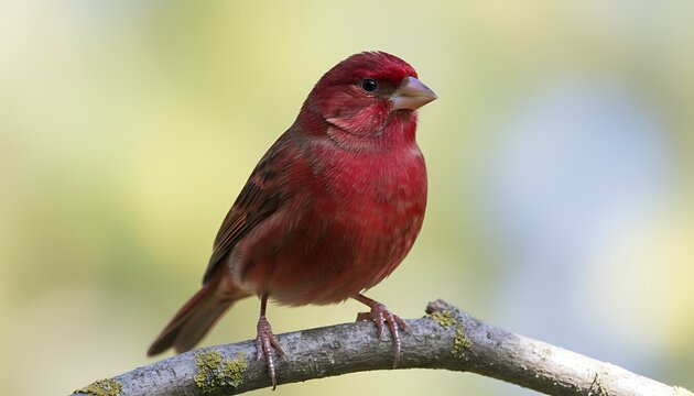 A Detailed Close Up Of A Small Red Finch Bird Perched On A Branch With Soft Green Background