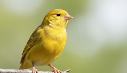 Fototapeta premium Bright Yellow Canary Bird Perched on a Twig with Soft Green Blurred Background
