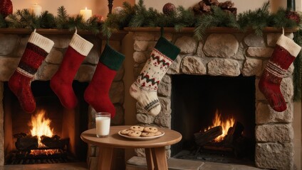 Festive Christmas Fireplace Scene with Stockings and Treats.