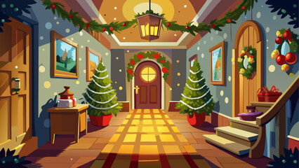 Cozy hallway decorated for Christmas with garlands, lights, wreaths, and warm welcoming holiday entrance