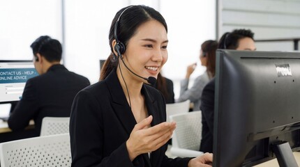 Engaging customer support representative smiling while assisting clients call center environment professional portrait bright office positive interaction