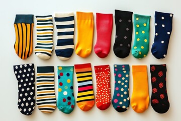 Assorted vibrant socks with different patterns displayed separately