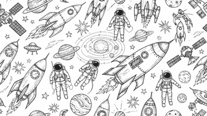 Hand-drawn space pattern with astronauts, rockets, planets and stars.