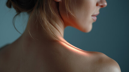 Fototapeta premium Close up focus on back torso curve glowing under soft diffuse light with smooth skin and delicate hair strands near neck and shoulder in calm blue background