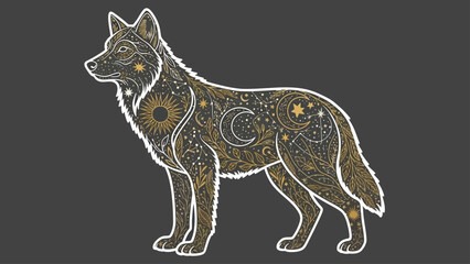 Obraz premium Celestial wolf with moon, sun and stars pattern
