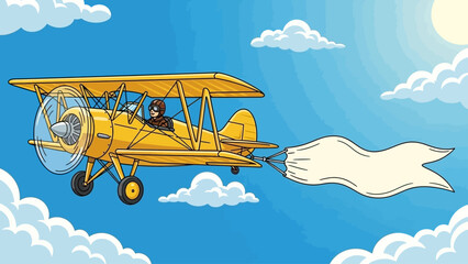 Pilot in a vintage biplane flies through the sky with a blank banner. © Tukang