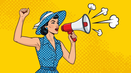 Pop art woman shouting into a megaphone with raised fist