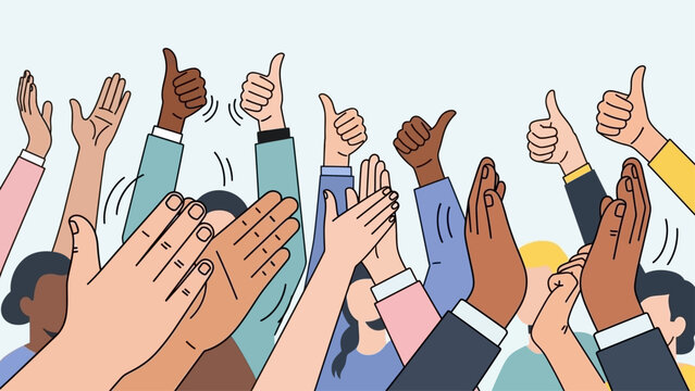 A diverse group of hands clapping and giving thumbs up in celebration.