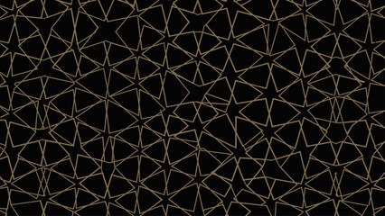 Gold geometric star pattern on black background.