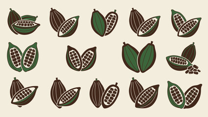Seamless pattern of stylized cocoa pods with beans.