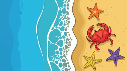 A crab and starfishes on a sandy beach with waves.