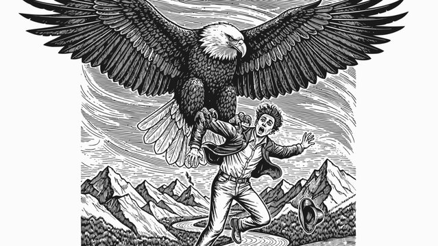 Eagle attacks a terrified man in a mountainous landscape.
