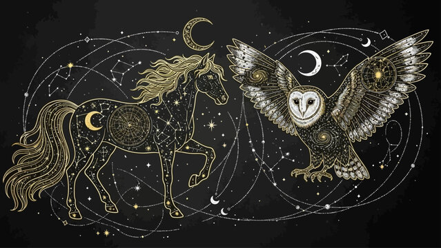 Celestial horse and owl with constellations in starry night sky
