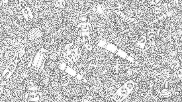 Whimsical doodle pattern of space exploration with astronauts, rockets, and planets.