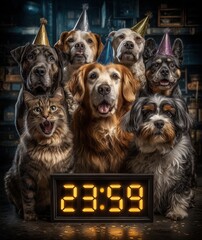 New Year countdown moment, pets gathered in front of a large digital clock reading 23:59, anticipation on their faces, party hat