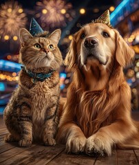 Luxury New Year yacht party at night, pets only, dogs and cats on deck wearing festive accessories, city skyline and fireworks in background,