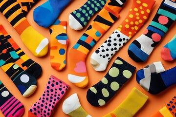 Playful collection of single socks in varied colors and patterns