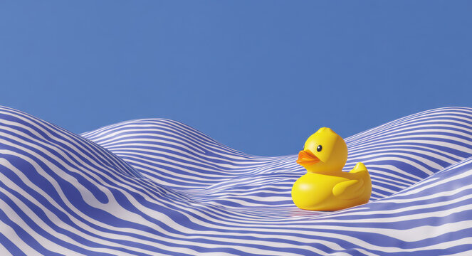 Cheerful yellow rubber duck sits on wavy blue and white striped surface, creating playful and whimsical scene. bright colors and smooth textures evoke sense of fun and lightheartedness