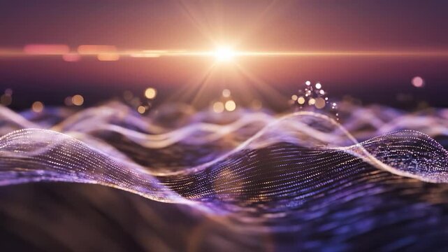 The shimmering waves undulate gently as the sun rises, casting a warm glow across the ocean's surface. The waves and sunlight create an enchanting aquatic atmosphere.