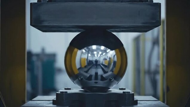 Industrial metal sphere being compressed by a heavy hydraulic press machine in a manufacturing facility