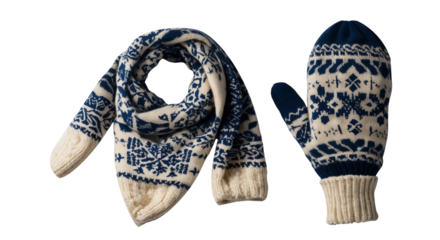 Winter knitted scarf and mitten set isolated