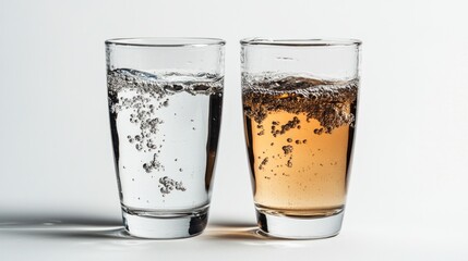 Two glasses of sparkling water and a sweet drink on a white background demonstrate the contrast between health and unhealthy habits, ideal for medical presentations as an atmospheric backdrop.
