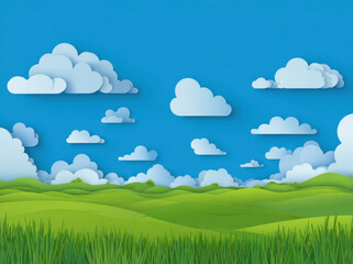 Vibrant landscape featuring rolling green hills and fluffy white clouds against bright blue sky, evoking sense of tranquility and joy